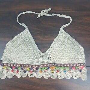 Cream Crochet Bikini Style Top Multi Soft Beadshaped Detailed Cropped Halter